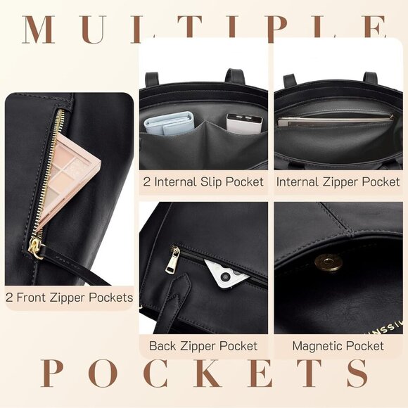 Leather Tote Bag Women Zipper Large Capacity Work Travel Casual - Picture 4 of 6